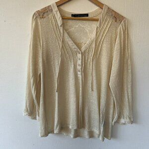 Patterson Kincaid Linen Blouse Womens Medium Cream Lace V-neck Made in USA FLAW